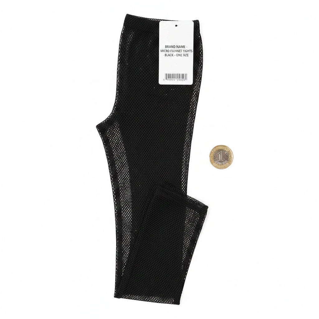 Womens black micro diamond fishnet tights flat lay with £1 coin for scale on white background