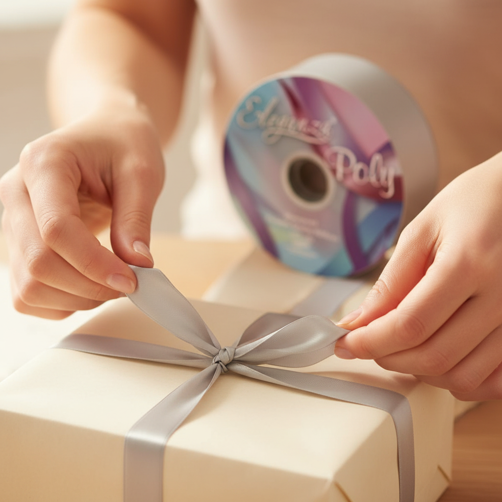 Hands tying a silver poly ribbon bow on a wrapped gift – Eleganza 50mm x 91m ribbon in use