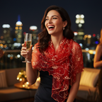 Elegant woman wearing red ruffle-edged chiffon scarf at rooftop evening party with champagne and city lights