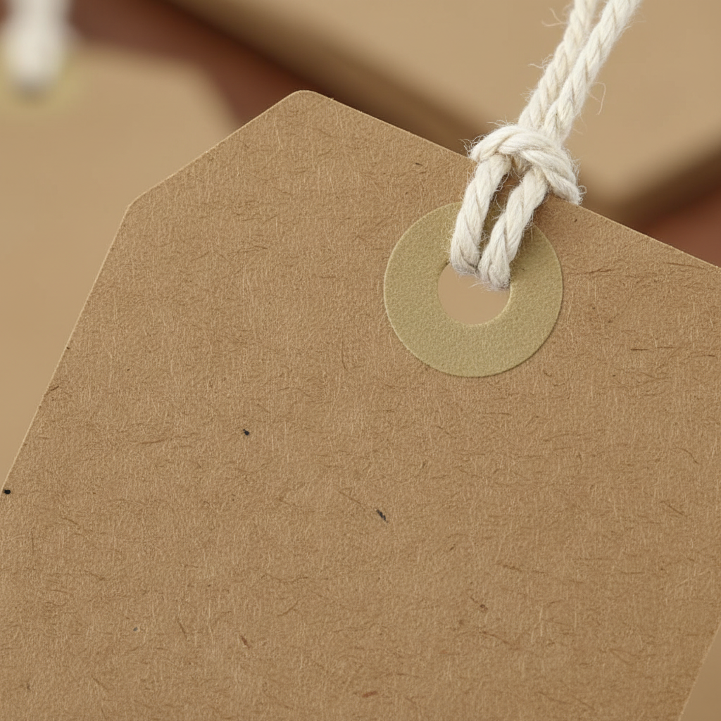 Extreme macro close-up of kraft brown luggage label showing card stock texture and cream twisted cotton string detail