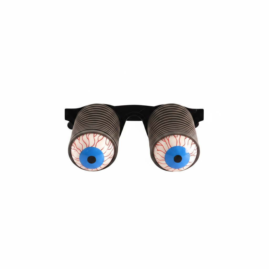 Joke Pop Out Eye Glasses on white background — black frames with spring-loaded cartoon eyeballs