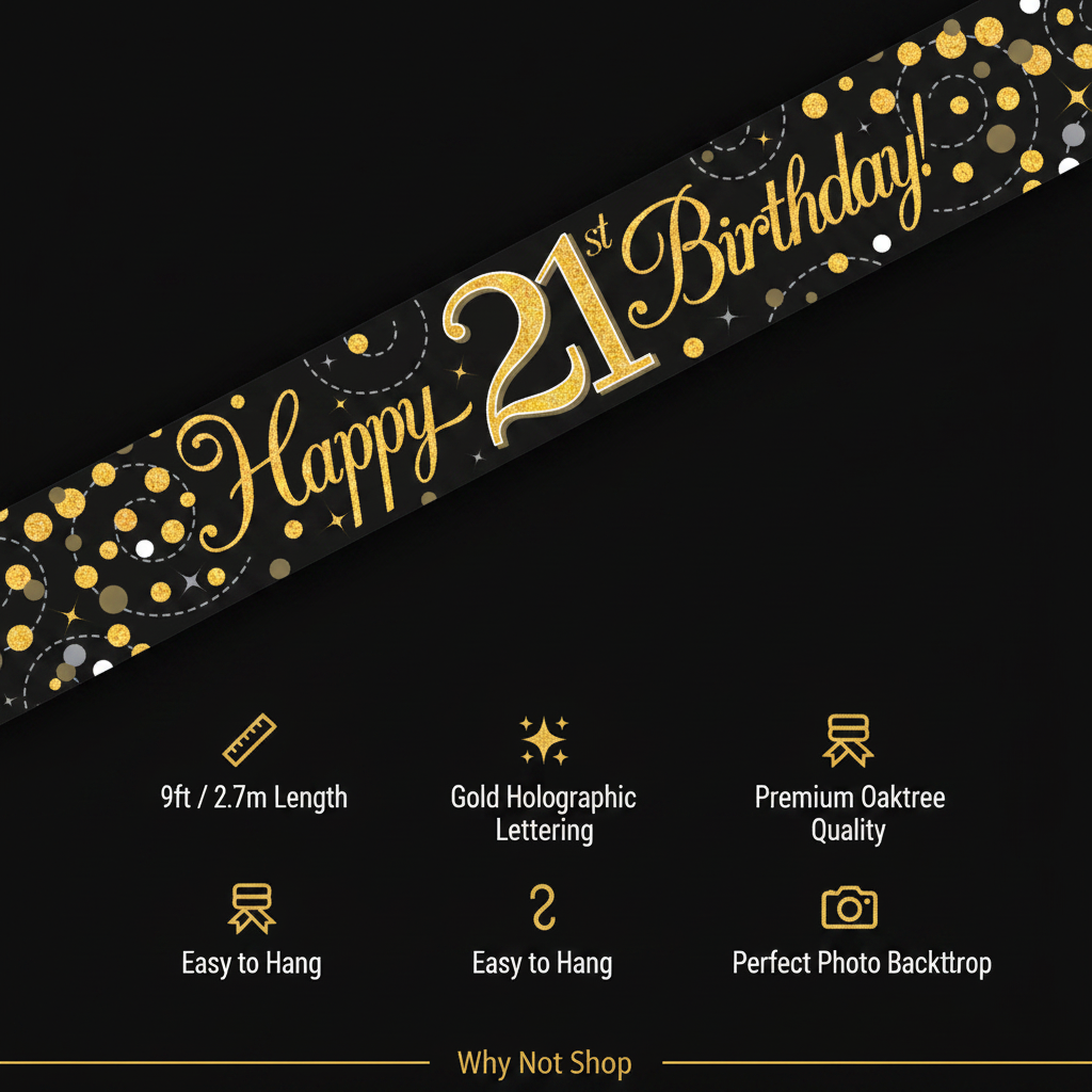 9ft Sparkling Fizz Happy 21st Birthday Banner in black and gold holographic — premium party decoration by Oaktree, 2.7m length, easy to hang, perfect photo backdrop