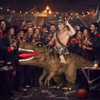 Man wearing inflatable Dino Rex costume at Halloween night out in a bar - lifestyle image