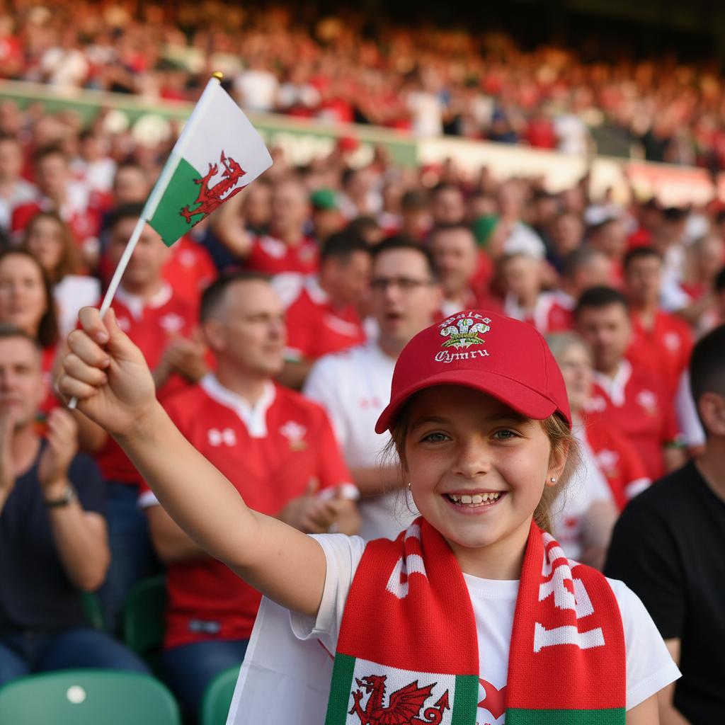 Young girl wearing Welsh Three Feathers red baseball cap at Welsh rugby match with flag
