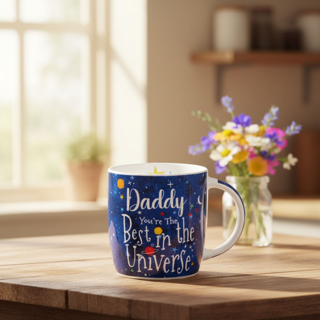 Best Daddy In The Universe white ceramic mug on a warm kitchen table with morning light and wildflowers