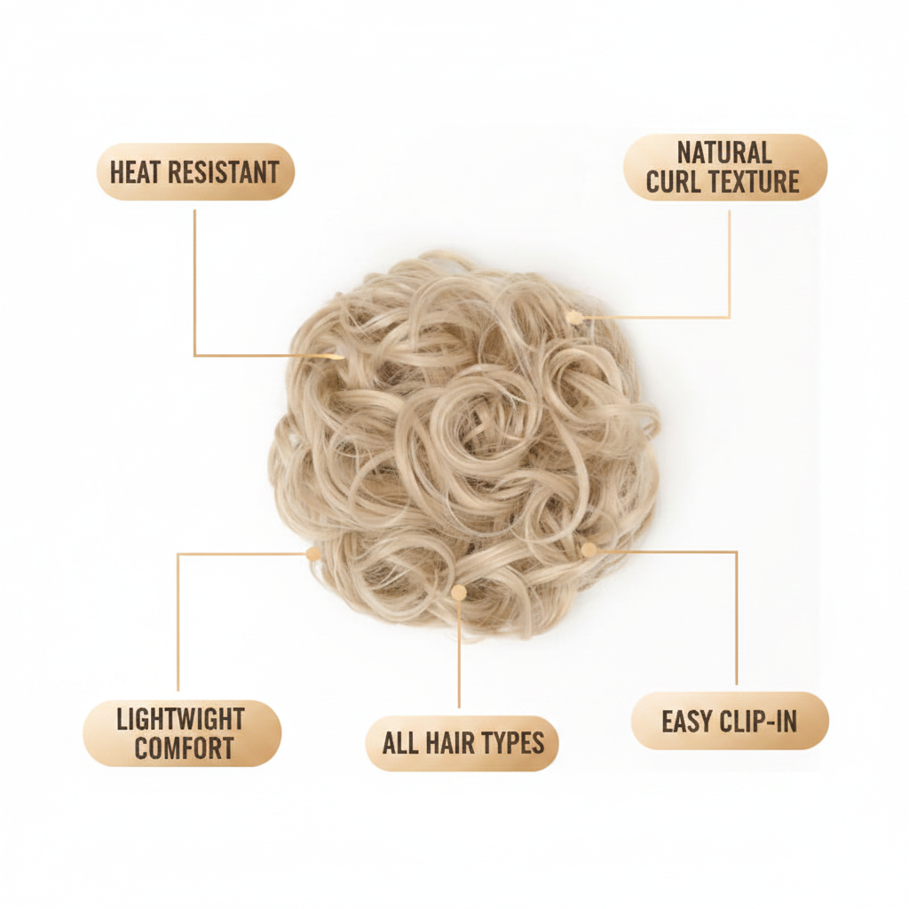 Premium feature infographic for warm blonde curly messy hair bun showing key features: heat resistant, natural curl texture, lightweight, easy clip-in, all hair types