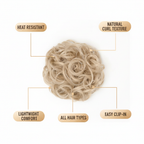 Premium feature infographic for warm blonde curly messy hair bun showing key features: heat resistant, natural curl texture, lightweight, easy clip-in, all hair types