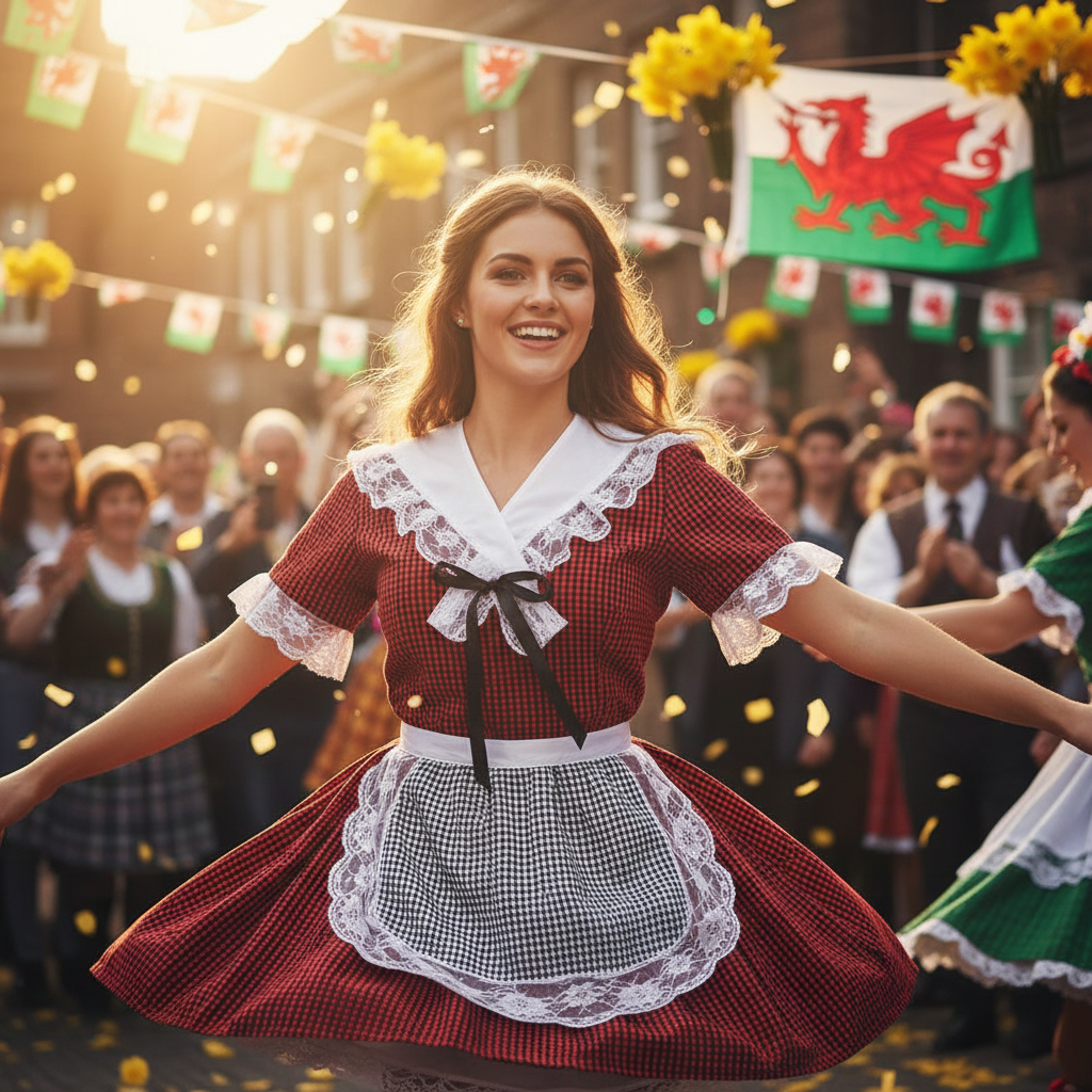 Woman celebrating in Traditional Welsh Costume without hat at cultural festival event