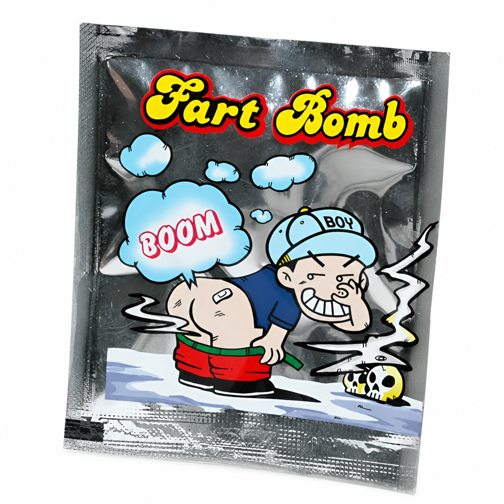 Silver Fart Bomb sachet with yellow lettering and cartoon artwork on a white background.