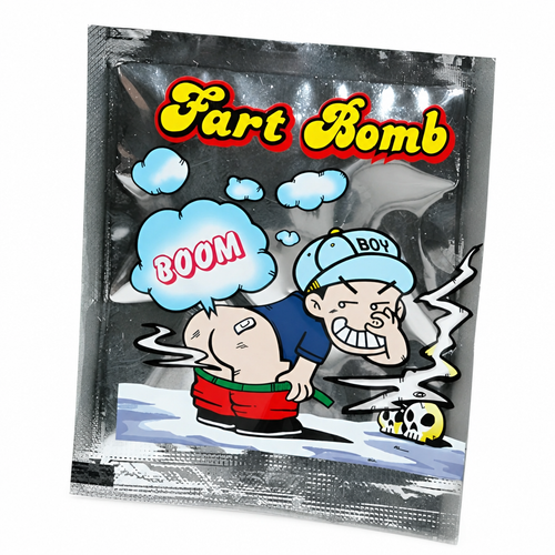 Silver Fart Bomb sachet with yellow lettering and cartoon artwork on a white background.