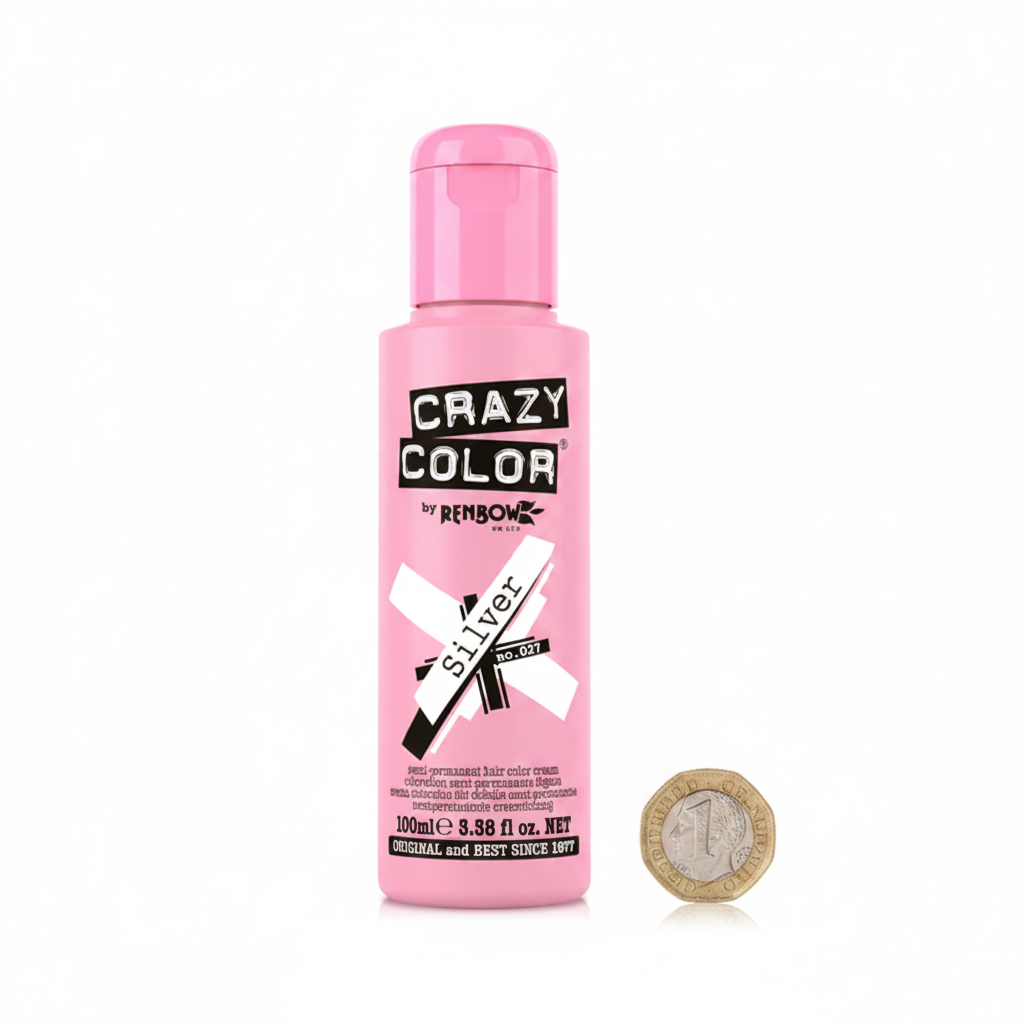 Crazy Color Silver No.27 100ml hair dye bottle beside a £1 coin on white background showing product size