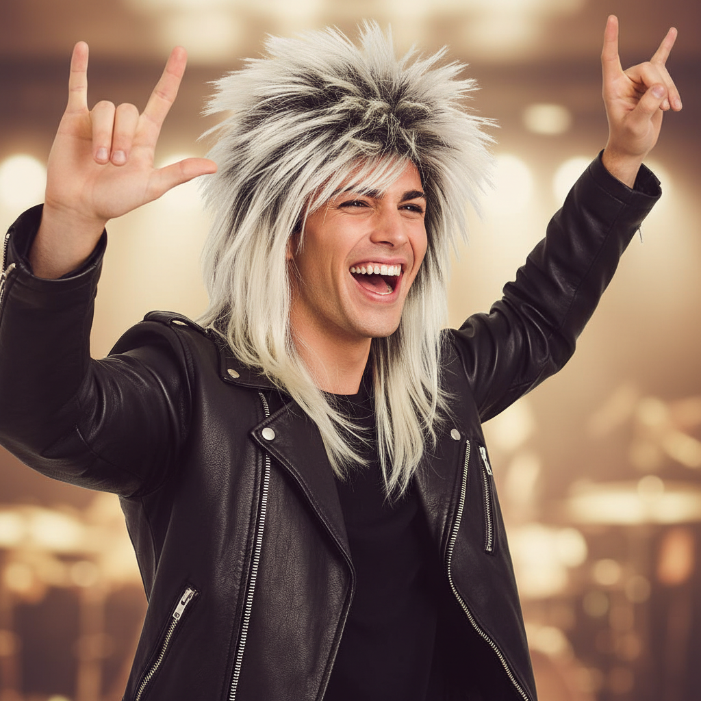 Young man wearing 80s rockstar platinum blonde and dark spiked wig with leather jacket, candid rock pose