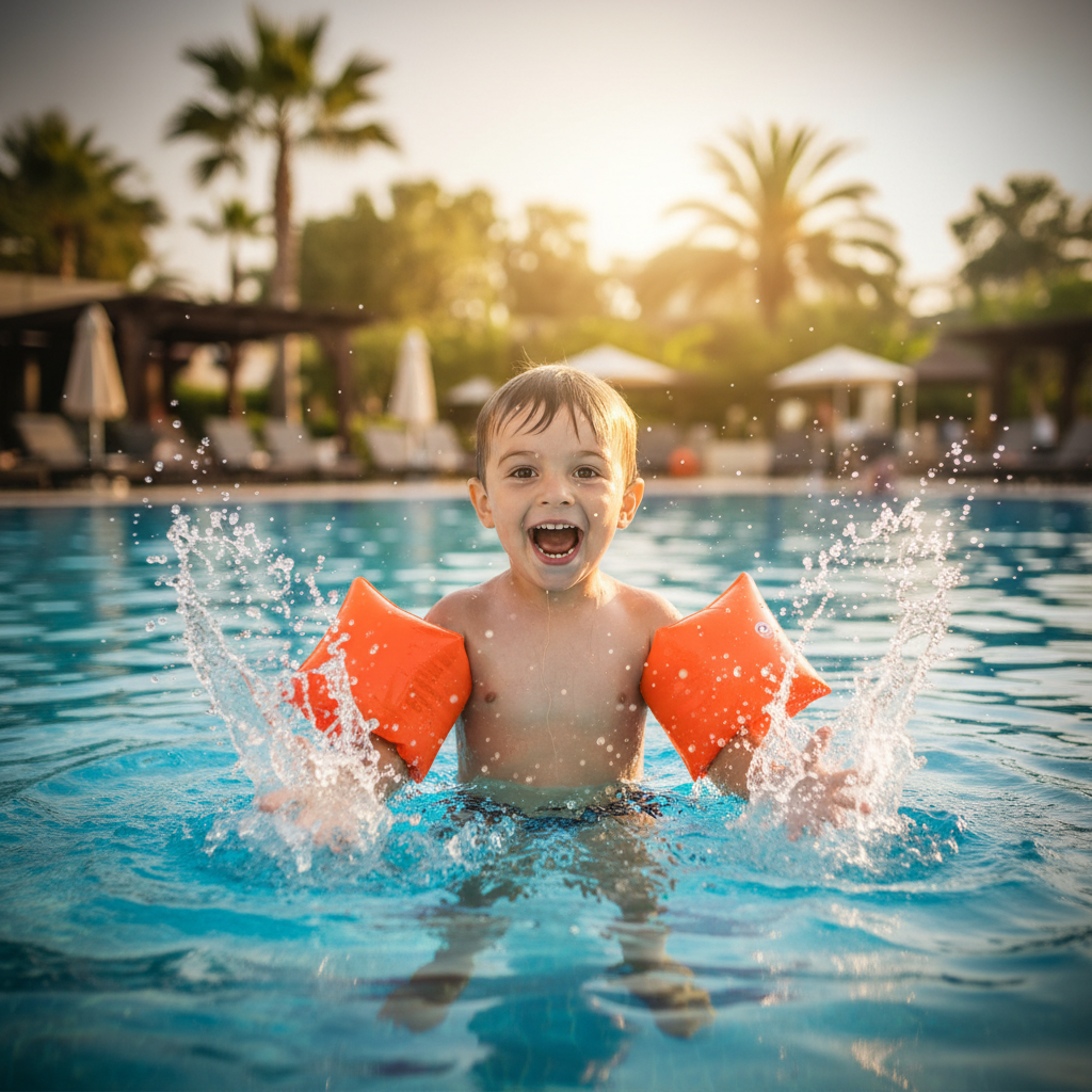 Happy child wearing orange Intex inflatable arm bands splashing in swimming pool
