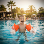 Happy child wearing orange Intex inflatable arm bands splashing in swimming pool