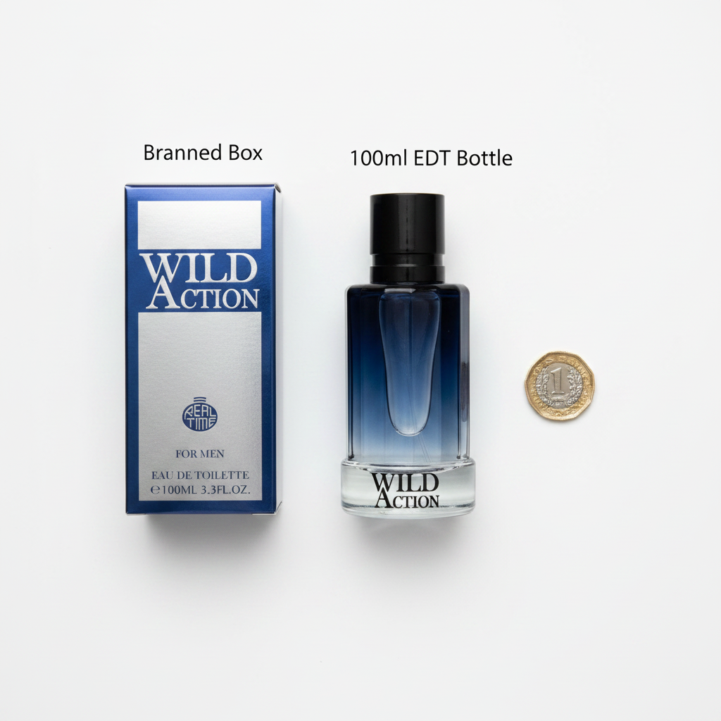 Real Time Wild Action 100ml EDT bottle and box flat lay with £1 coin for scale — clean white background overhead shot