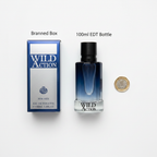 Real Time Wild Action 100ml EDT bottle and box flat lay with £1 coin for scale — clean white background overhead shot