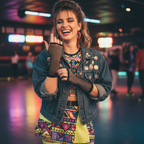 Woman in 1980s fancy dress costume adjusting long black fingerless fishnet gloves, candid lifestyle moment with bokeh background