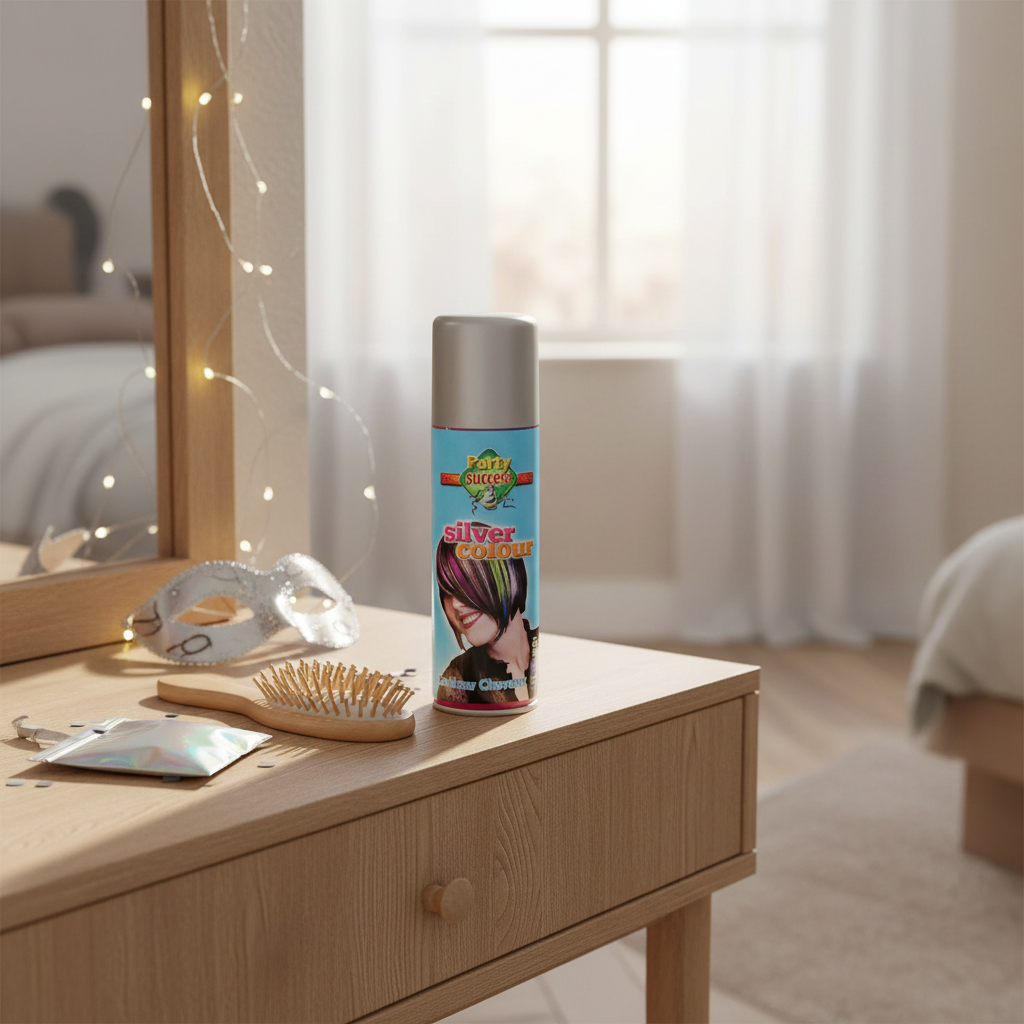 Party Success silver hair colour spray on a dressing table with mirror and hairbrush, natural window light, interior magazine quality