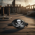 Satin pirate eye patch black and white on atmospheric pirate ship deck background - premium costume accessory