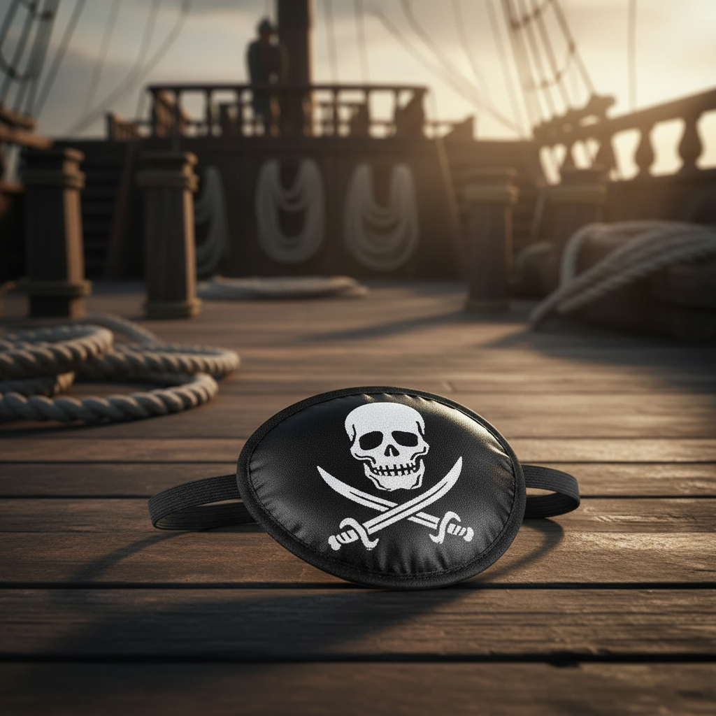 Satin pirate eye patch black and white on atmospheric pirate ship deck background - premium costume accessory