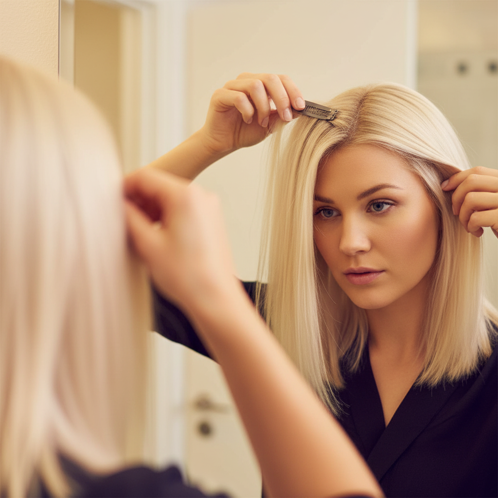 Woman clipping in a platinum blonde #613 Daisy one piece hair extension in front of a mirror