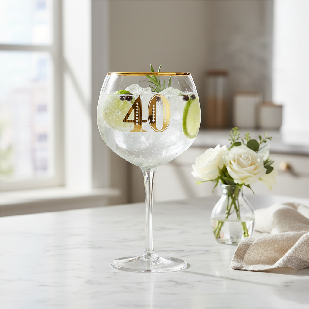 Art Deco 40th Birthday Gin Glass styled on marble countertop with botanicals and natural window light, interior lifestyle photography
