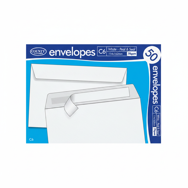 County C6 White Peel & Seal Envelopes 50 Pack on pure white studio background, product centred