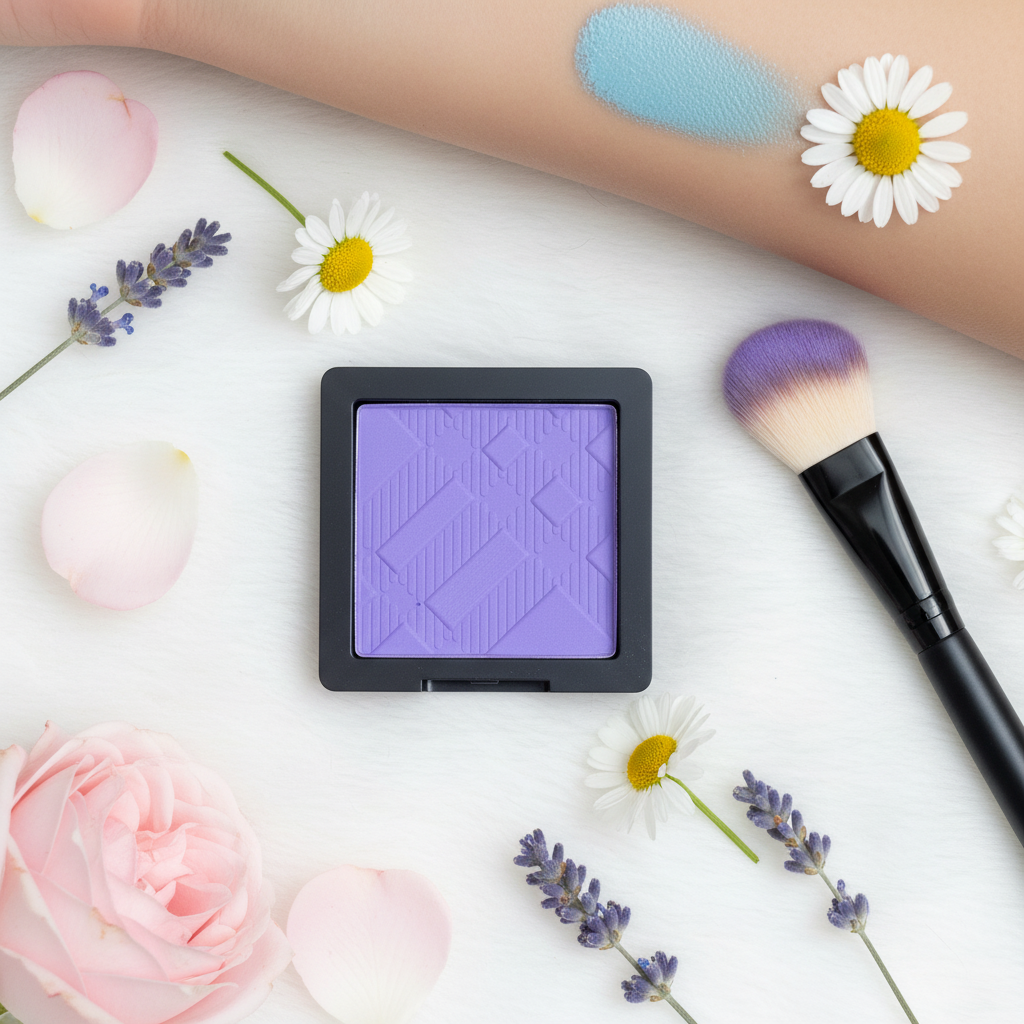 Lilyz Eyeshadow Mono Baby Blue flat lay with makeup brush, colour swatch and pastel flowers