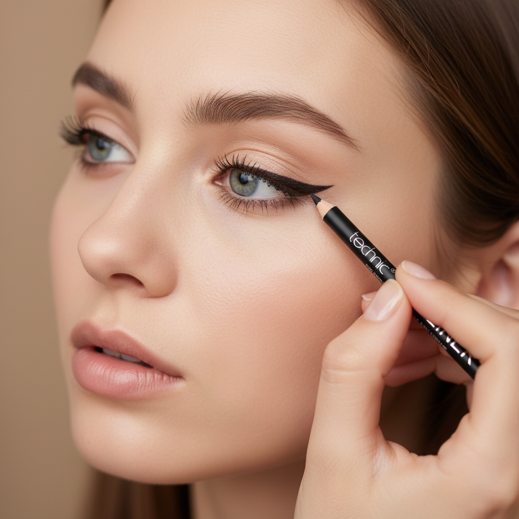 Woman applying Technic Black Eyeliner Pencil creating perfect winged eyeliner - beauty lifestyle image