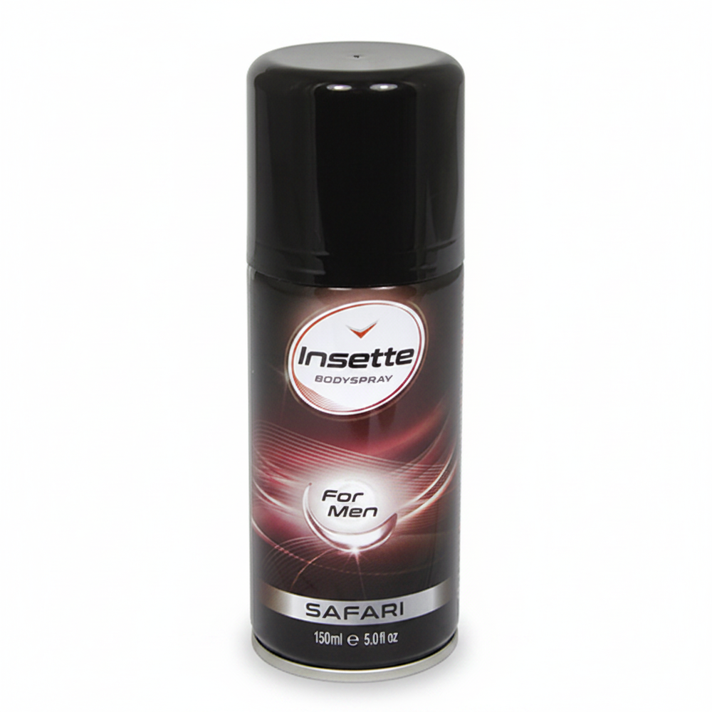 Insette Mens Body Spray Safari 150ml on pure white studio background, deep black aerosol can with crimson swirl label