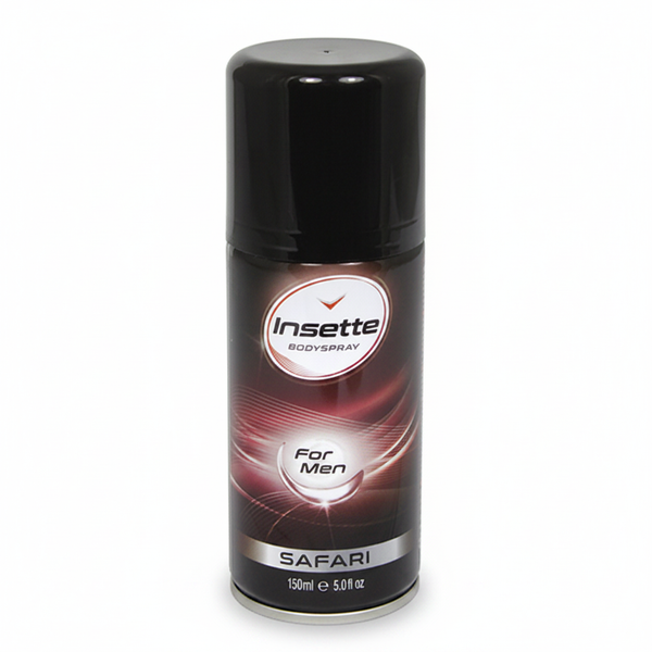 Insette Mens Body Spray Safari 150ml on pure white studio background, deep black aerosol can with crimson swirl label