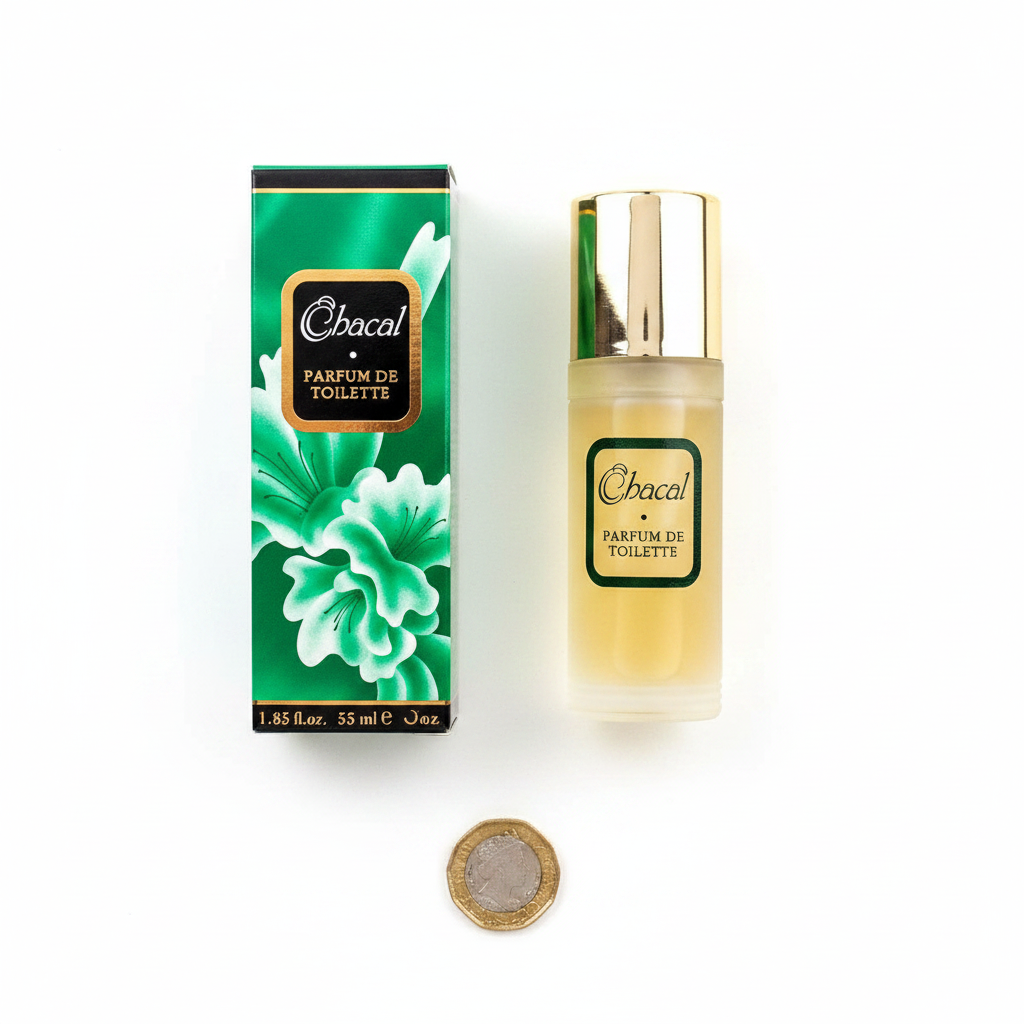 Chacal 55ml golden bottle and emerald green box flat lay with £1 coin for scale — clean white background