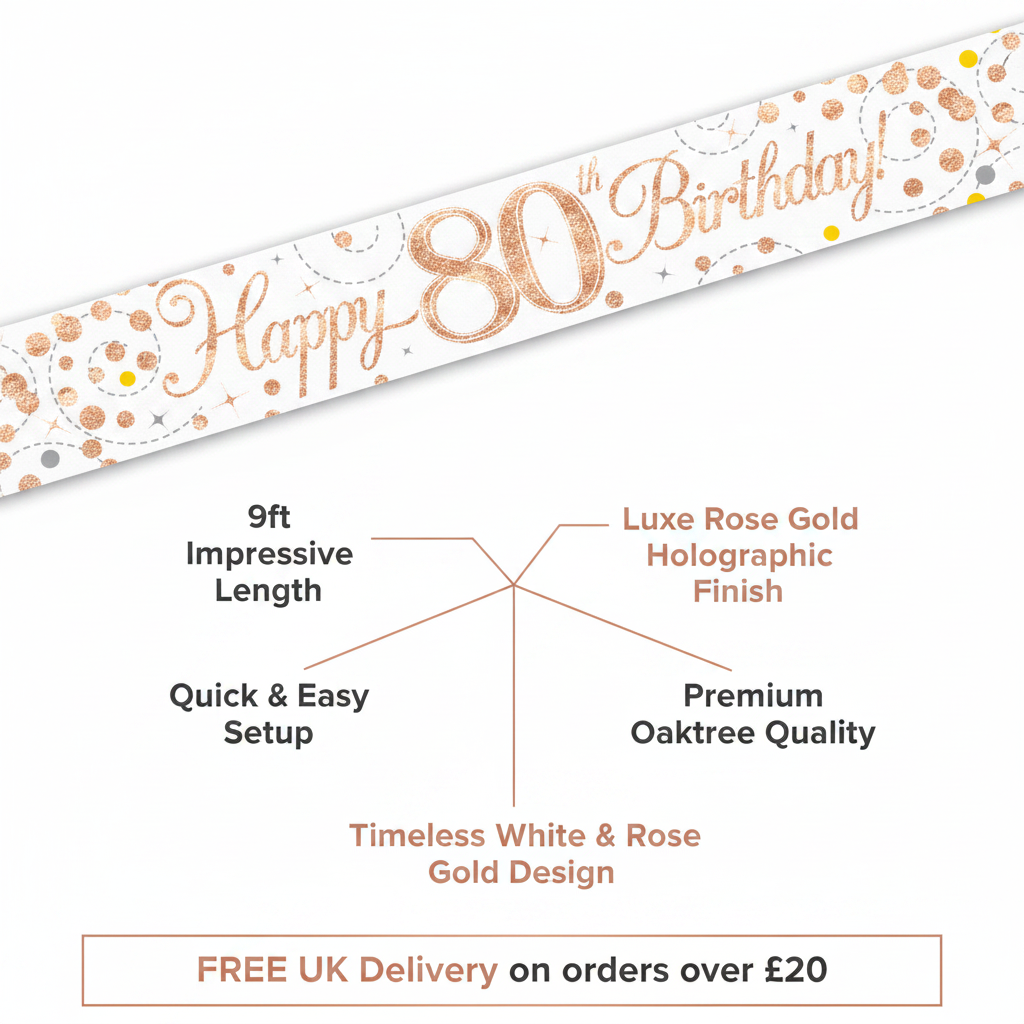 9ft Happy 80th Birthday Banner Rose Gold Holographic White – Premium Oaktree Party Decoration with Quick Setup & Free UK Delivery
