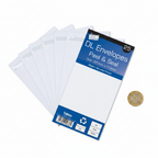 Tallon White DL Envelopes 25 Pack flat lay beside a £1 coin showing DL size 220mm x 110mm scale