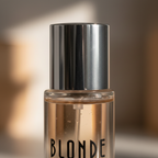 Extreme macro close-up of D&M Fragrances Blonde perfume bottle showing silver chrome cap and champagne nude glass detail