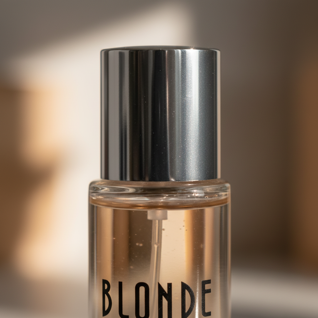 Extreme macro close-up of D&M Fragrances Blonde perfume bottle showing silver chrome cap and champagne nude glass detail