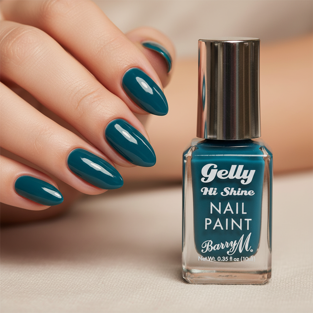 Perfectly manicured nails painted in deep teal ocean blue with high-gloss gel shine finish using Barry M Gelly Hi Shine Nail Paint