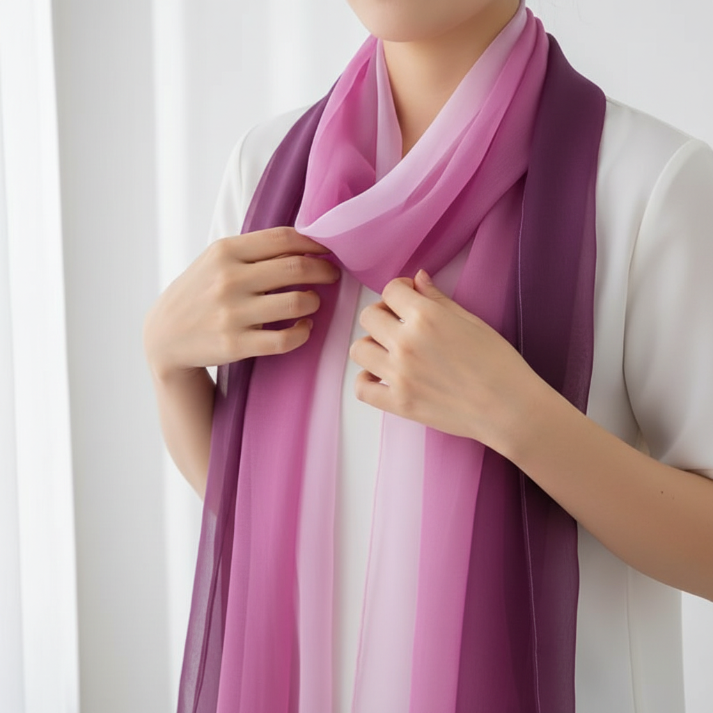 Close-up of hands styling lightweight gradient purple chiffon neck scarf showing sheer fabric and ombre colour detail