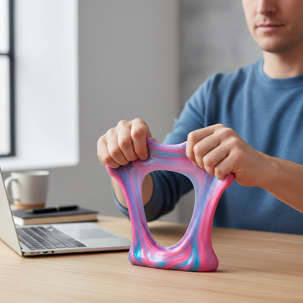 Adult using Magical Putty as stress relief fidget toy at workspace for focus and calm