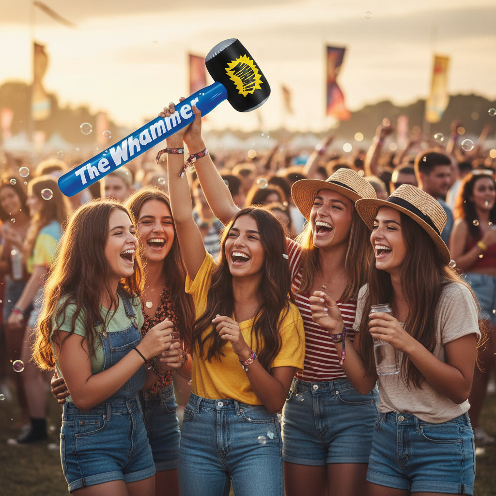 Teenagers at festival laughing with inflatable Big Whammer Hammer