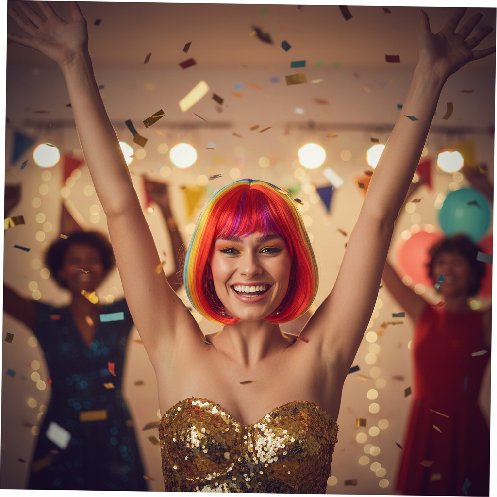 Woman in rainbow bob wig celebrating with confetti — joyful party atmosphere
