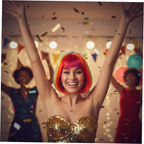 Woman in rainbow bob wig celebrating with confetti — joyful party atmosphere