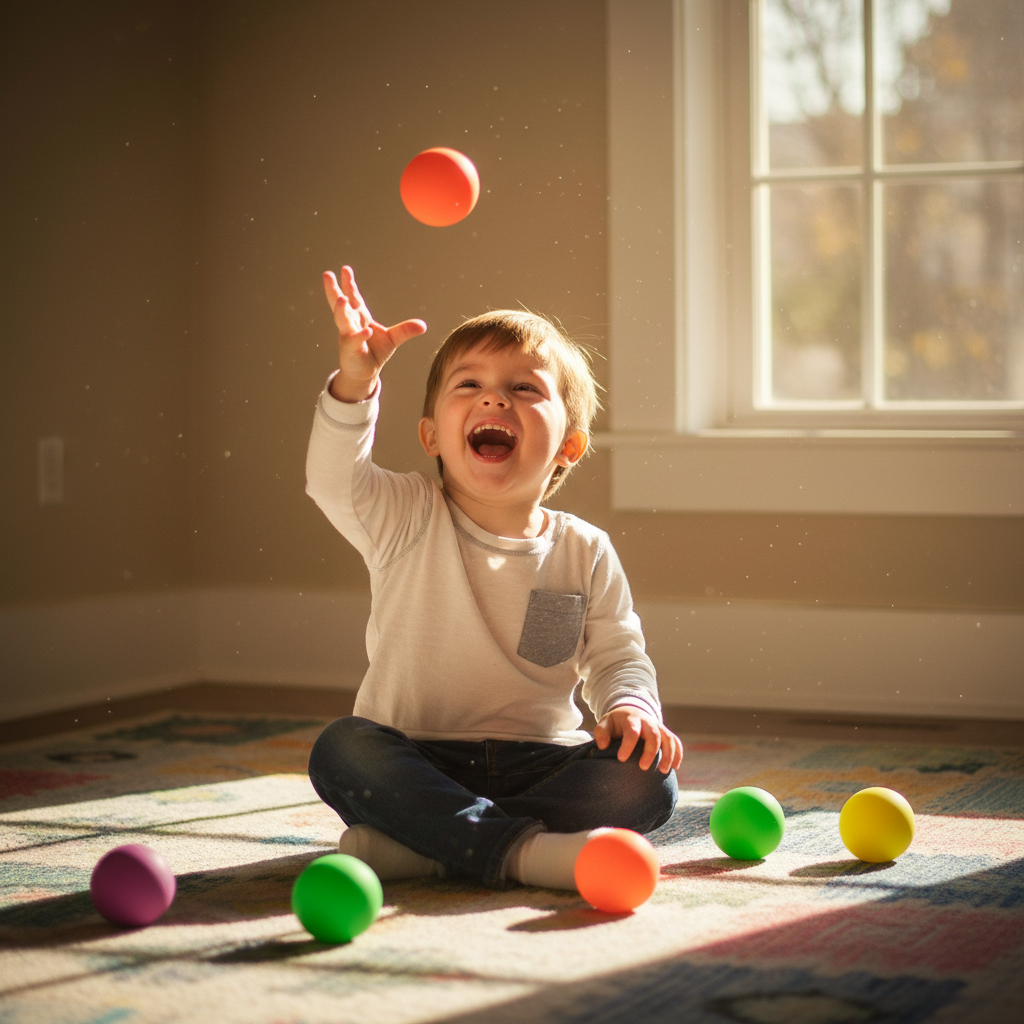 Laughing child tossing a neon orange squishy ball in the air surrounded by colourful neon balls in golden hour light