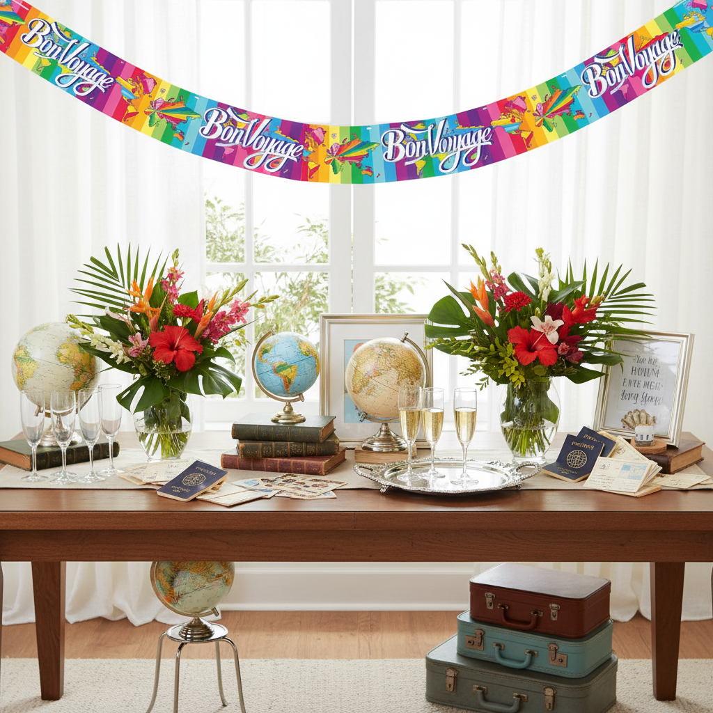 Elegant farewell party table setup decorated with metallic Bon Voyage banner and travel-themed decorations