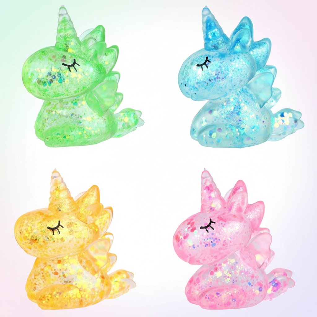 Squeeze unicorn gel and sugar sparkle toy 10cm on pastel gradient background – glittery sensory squeeze toy for kids