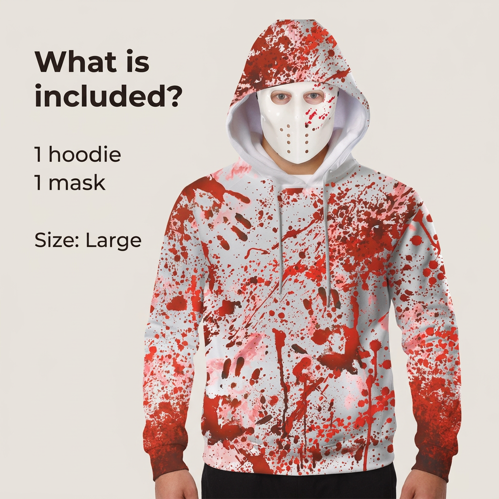 Large Halloween costume contents graphic identifying one red-splattered hoodie and one mask.