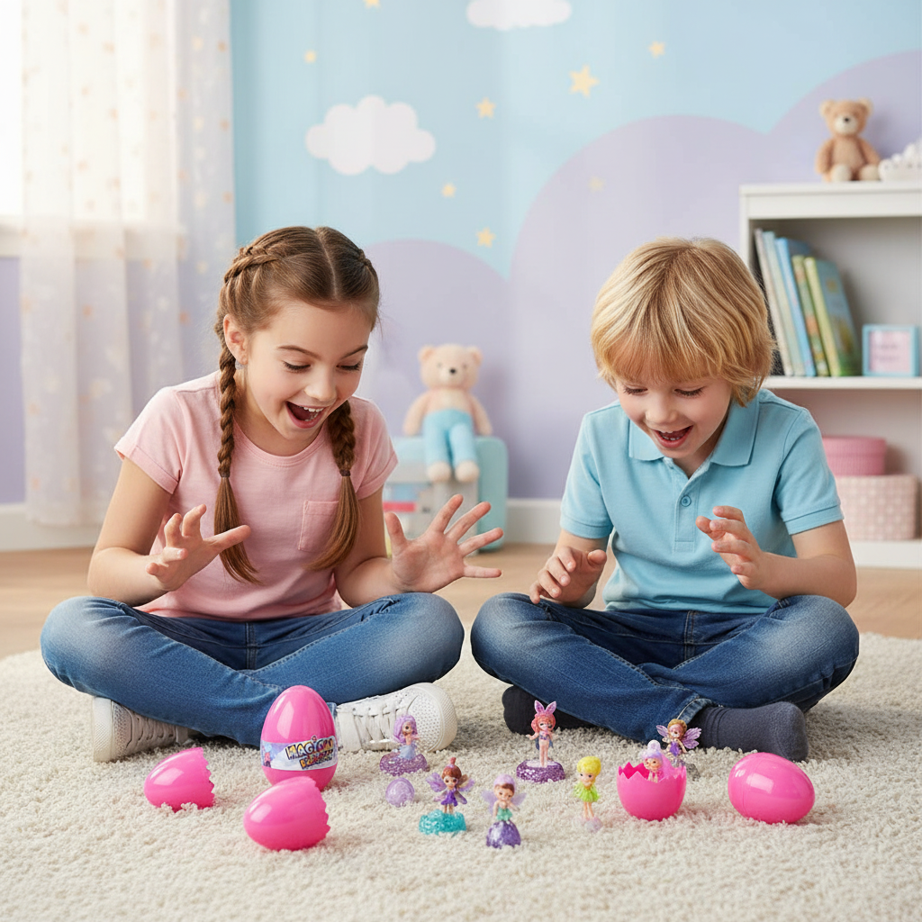 Two children sitting together excitedly opening Magical Kingdom Enchanted Eggs and collecting the mystery figures inside
