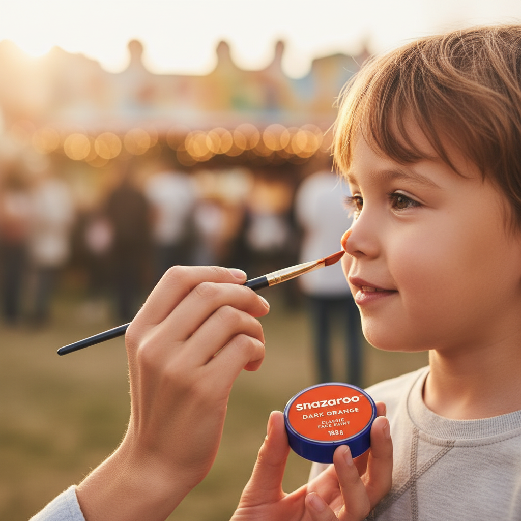 Parent applying Snazaroo dark orange face paint with a brush onto a child's cheek, candid warm lifestyle moment