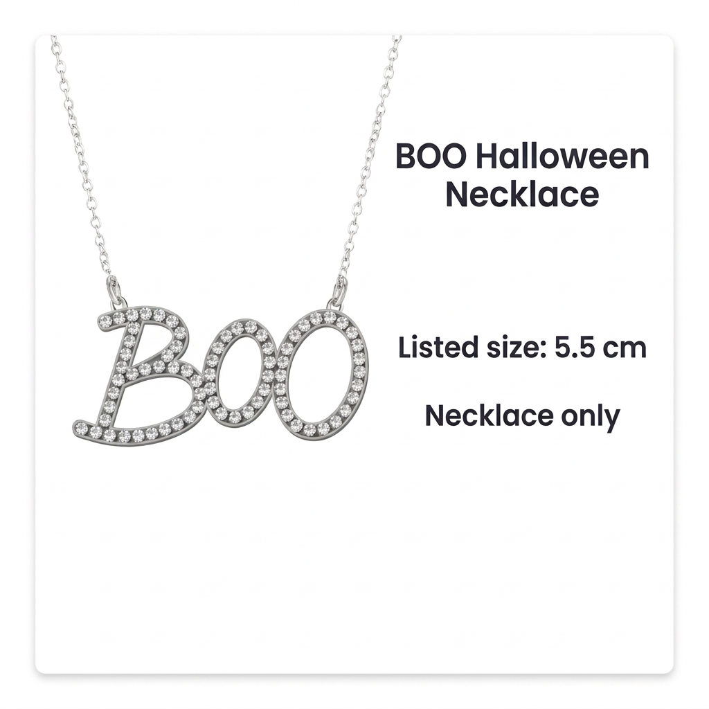 BOO Halloween necklace information card showing listed size of 5.5 cm and necklace-only contents
