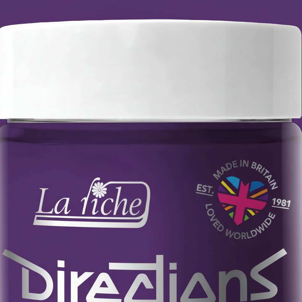 Extreme macro close-up of La Riche Directions Violet hair dye jar showing label detail, silver metallic text and violet finish